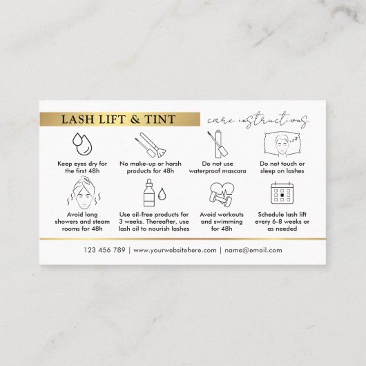 Lash Lift & Tint Nazorg Guide Glam Wit & Goud Visitekaartje (Achterkant)