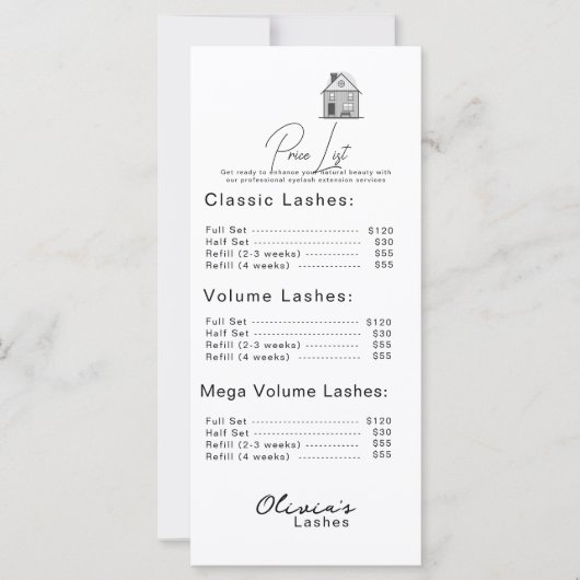Lash lounge Eenvoudige witte prijslijst (Voorkant)