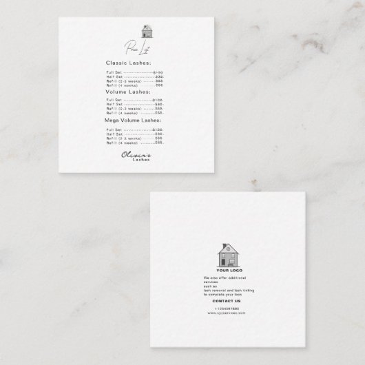 Lash lounge Eenvoudige witte prijslijst Vierkante Visitekaartje (Voorkant / Achterkant)
