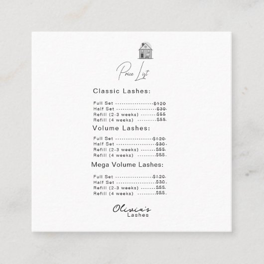 Lash lounge Eenvoudige witte prijslijst Vierkante Visitekaartje (Voorkant)