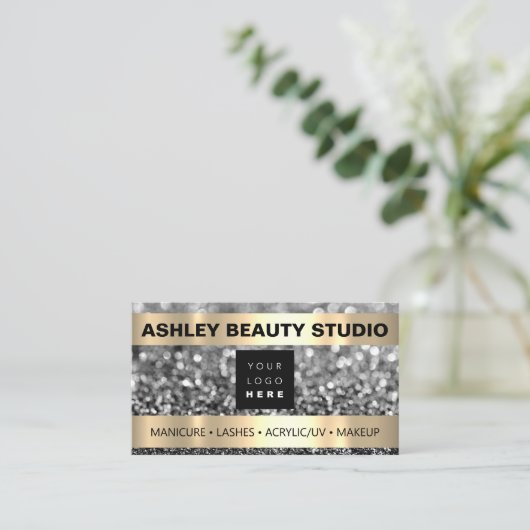 Lash Makeup Nail Stylist Logo Grey Silver Glitter Visitekaartje (Staand voorkant)