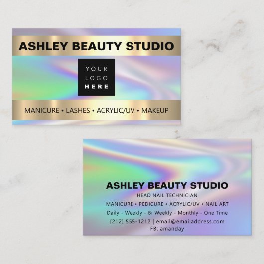 Lash Makeup Nail Stylist Logo Holograaf Pastels Visitekaartje (Voorkant / Achterkant)