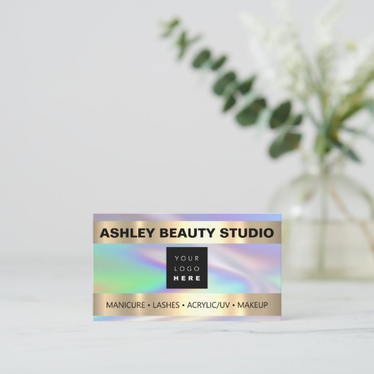 Lash Makeup Nail Stylist Logo Holograaf Pastels Visitekaartje (Staand voorkant)