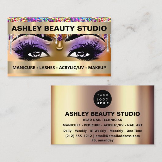 Lash Makeup Nails Logo Holograaf Roos Glitter Visitekaartje (Voorkant / Achterkant)