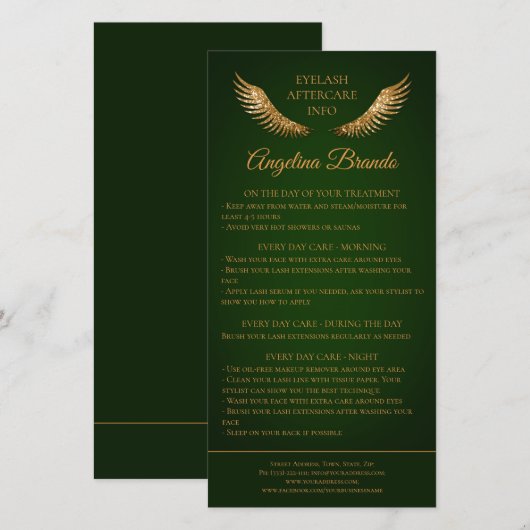 Lash Nazorg Info Gold Glitter Wings Groen Bedankkaart (Voorkant / Achterkant)