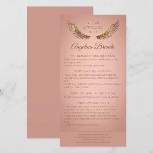 Lash Nazorg Info Golden Glitter Wings Pink Bedankkaart (Voorkant / Achterkant)