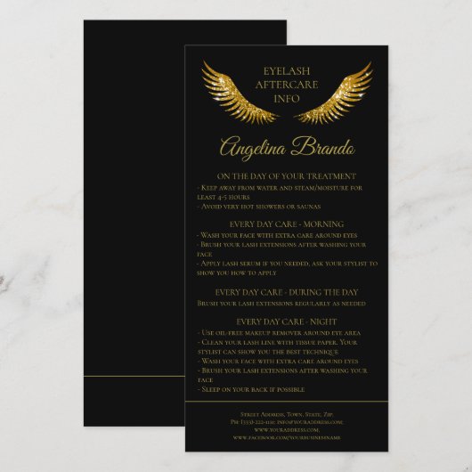 Lash Nazorg Info Gouden Glitter Vleugels Zwart Bedankkaart (Voorkant / Achterkant)