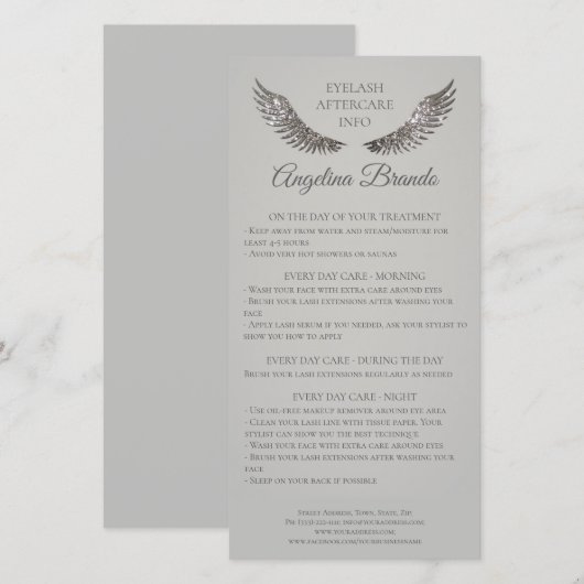 Lash Nazorg Instructies Zilveren Glitter Vleugels Bedankkaart (Voorkant / Achterkant)