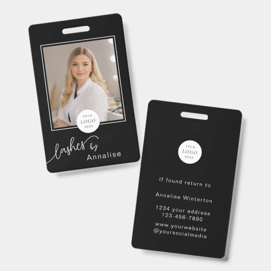 Lash Stylist Minimaal Zwart Wit Script Logo Foto Badge (Voor- en achterkant)