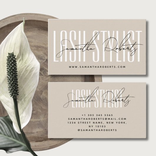 Lash stylist modern typografie script beige visitekaartje