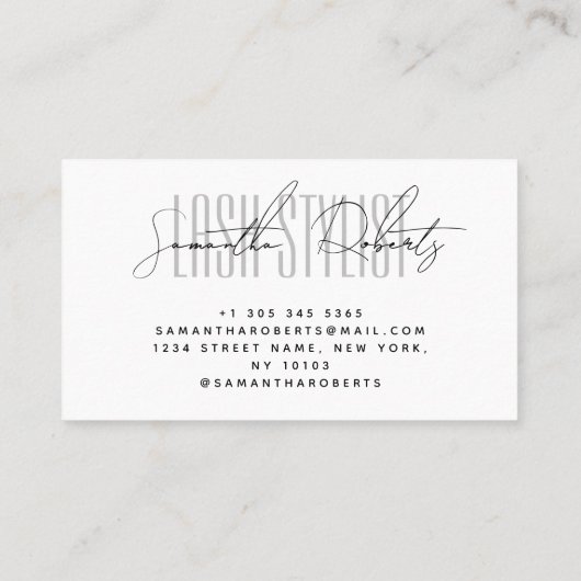 Lash stylist modern typografie script wit visitekaartje (Achterkant)