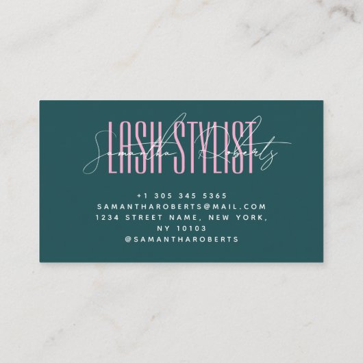 Lash stylist modern typography script green pink visitekaartje (Achterkant)