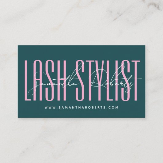 Lash stylist modern typography script green pink visitekaartje (Voorkant)