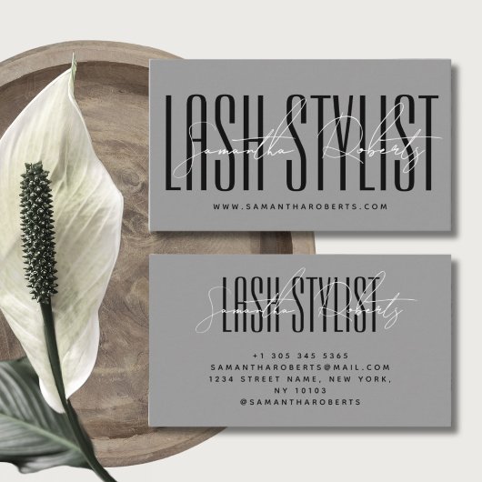 Lash stylist moderne typografie script grijs visitekaartje