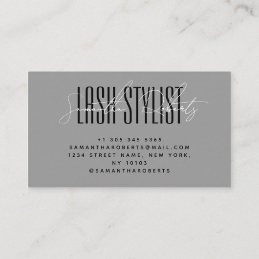 Lash stylist moderne typografie script grijs visitekaartje (Achterkant)