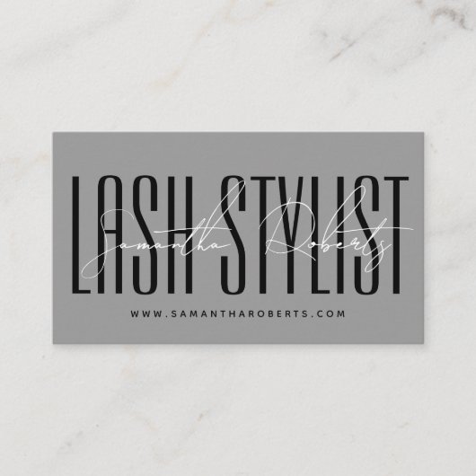 Lash stylist moderne typografie script grijs visitekaartje (Voorkant)