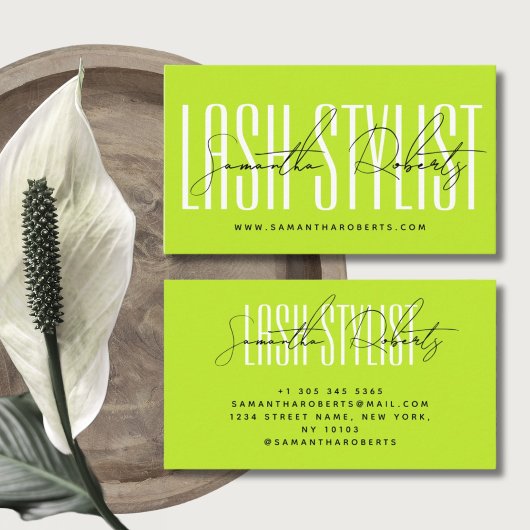Lash stylist moderne typografie script neon groen visitekaartje