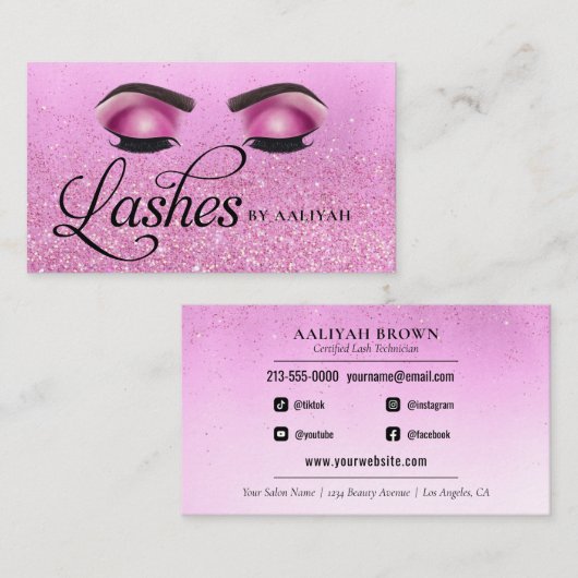 Lash Tech Pink Glam Glitter Eyes Luxury Salon Visitekaartje (Voorkant / Achterkant)