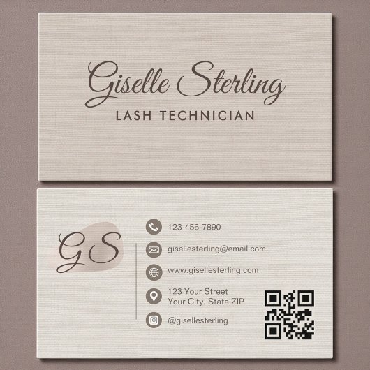 Lash Technician Beige Linen Modern Elegant QR Code Visitekaartje