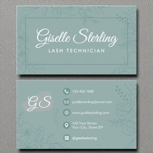 Lash Technician Blauwgroen Floral Line Art Modern  Visitekaartje