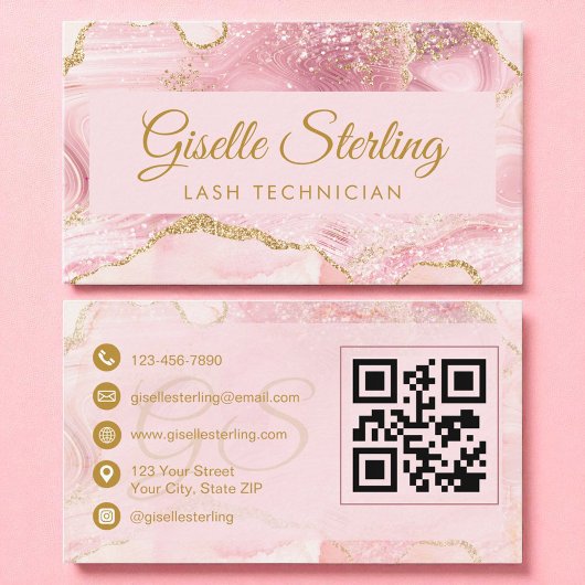 Lash Technician Blush Pink Gold Agate QR-code Visitekaartje
