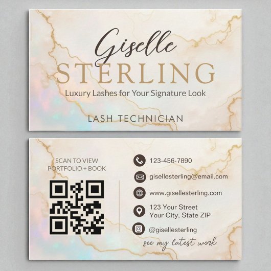 Lash Technician Elegant Pearl Opal Gold Script Visitekaartje