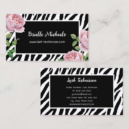 Lash Technician Glam Zebra Rose Visitekaartje (Voorkant / Achterkant)