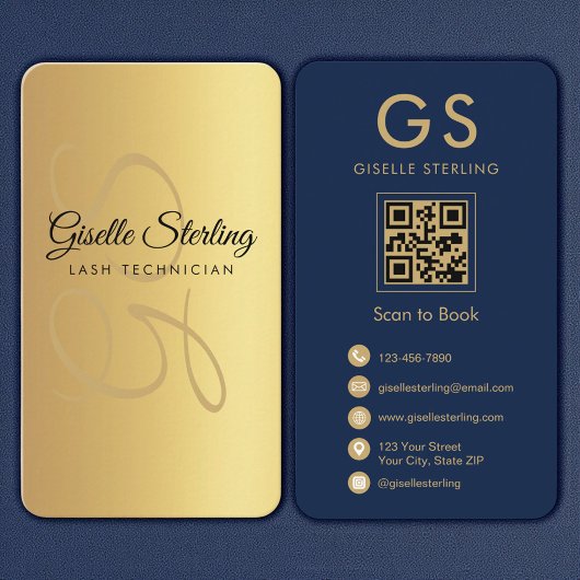 Lash Technician Gold Navy Blue QR Code Monogram Visitekaartje