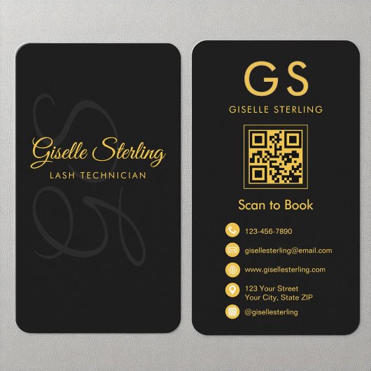 Lash Technician Monogram Black Gold QR Code Beauty Visitekaartje