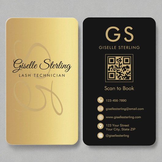 Lash Technician Monogram Gold Black QR-code Visitekaartje