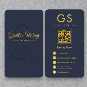 Lash Technician Monogram Navy Blue Gold QR-code Visitekaartje
