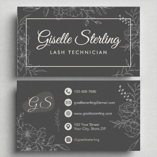 Lash Technician Moody Charcoal Grey Floral Modern Visitekaartje