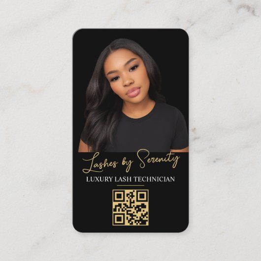 Lash Technician QR Code Zwart Goud Luxe Schoonheid Visitekaartje (Voorkant)