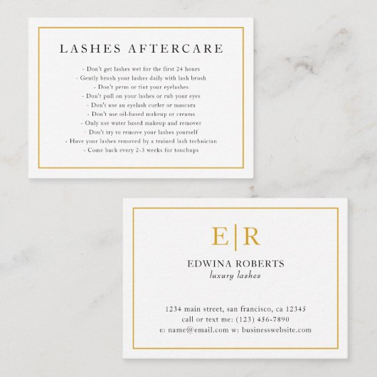 Lashes Aftercare Elegant Gold en White Monogram Visitekaartje (Voorkant / Achterkant)