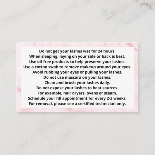 Lashes Aftercare Instructions Card Visitekaartje (Achterkant)