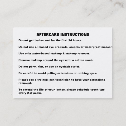Lashes Aftercare Visitekaartje (Achterkant)