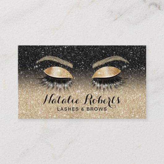 Lashes Brows Beauty Salon Black & Gold Glitter  Visitekaartje (Voorkant)