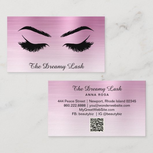 *~* Lashes Brows Extensions QR Metal DUSTY ROOS Visitekaartje (Voorkant / Achterkant)