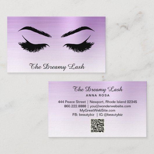 *~* Lashes Brows Extensions QR Metal VIOLET Visitekaartje (Voorkant / Achterkant)