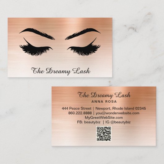 *~* Lashes Brows Extensions QR Metallic ROOS GOLD Visitekaartje (Voorkant / Achterkant)