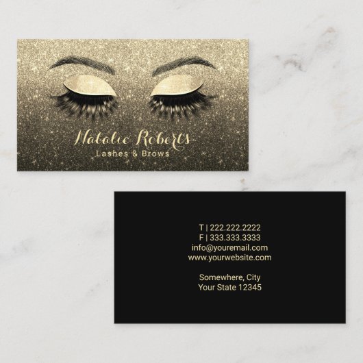 Lashes Brows Makeup Artist Black & Gold Glitter Visitekaartje (Voorkant / Achterkant)