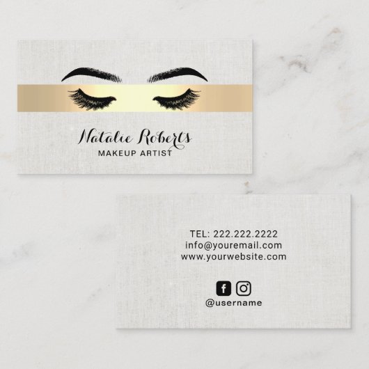Lashes & Brows Makeup Artist Gold Striped Salon Visitekaartje (Voorkant / Achterkant)