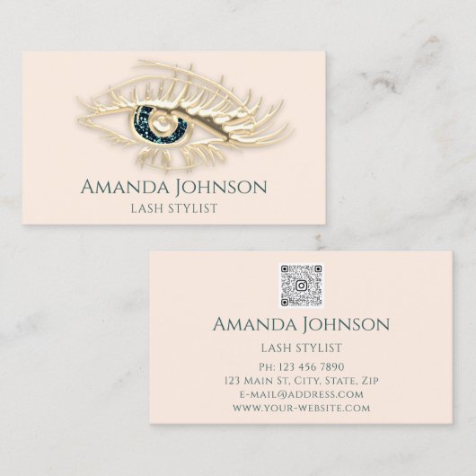 Lashes Brows Makeup Logo Gold Ivory Qr Code Visitekaartje (Voorkant / Achterkant)