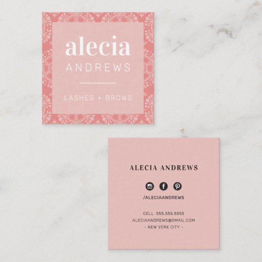 LASHES & BROWS sierlijk koraal blush roze Vierkante Visitekaartje (Voorkant / Achterkant)