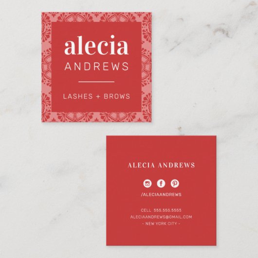 LASHES & BROWS sierlijk koraal roze rood Vierkante Visitekaartje (Voorkant / Achterkant)