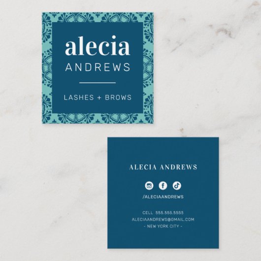 LASHES & BROWS sierlijk turquoise donkerblauw Vierkante Visitekaartje (Voorkant / Achterkant)