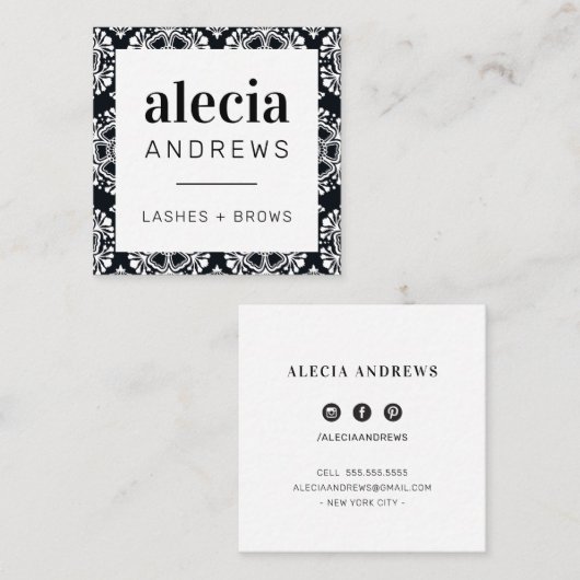LASHES & BROWS stijlvol zwart wit Vierkante Visitekaartje (Voorkant / Achterkant)
