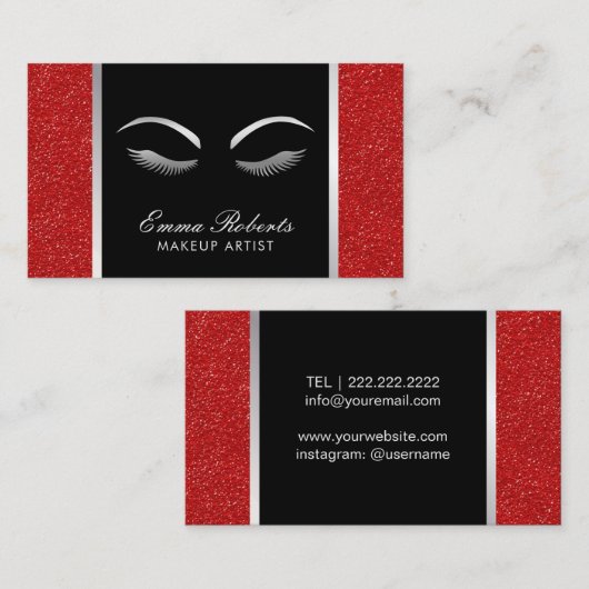 Lashes en BrowMakeup artistiek modern rood en zilv Visitekaartje (Voorkant / Achterkant)