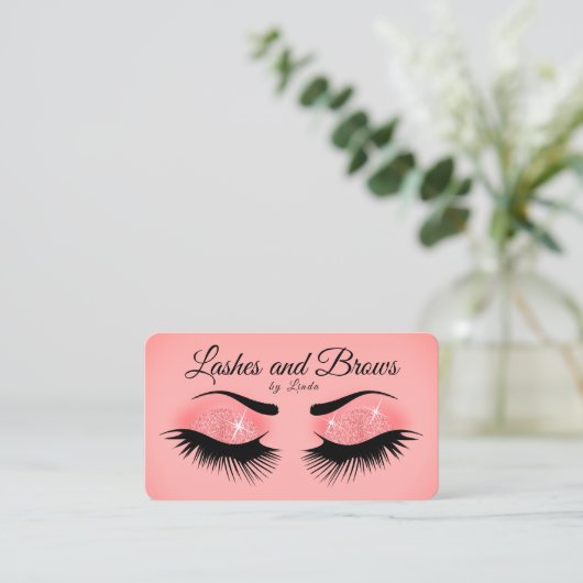 Lashes en Brows - Roze koraal Glitter Visitekaartje (Staand voorkant)