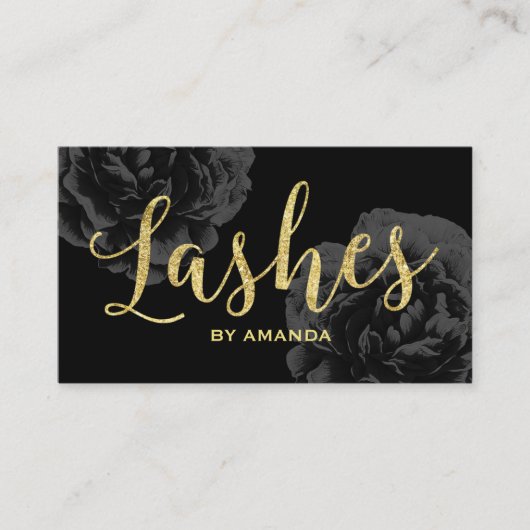 Lashes Gold Script Elegant Black Floral Visitekaartje (Voorkant)
